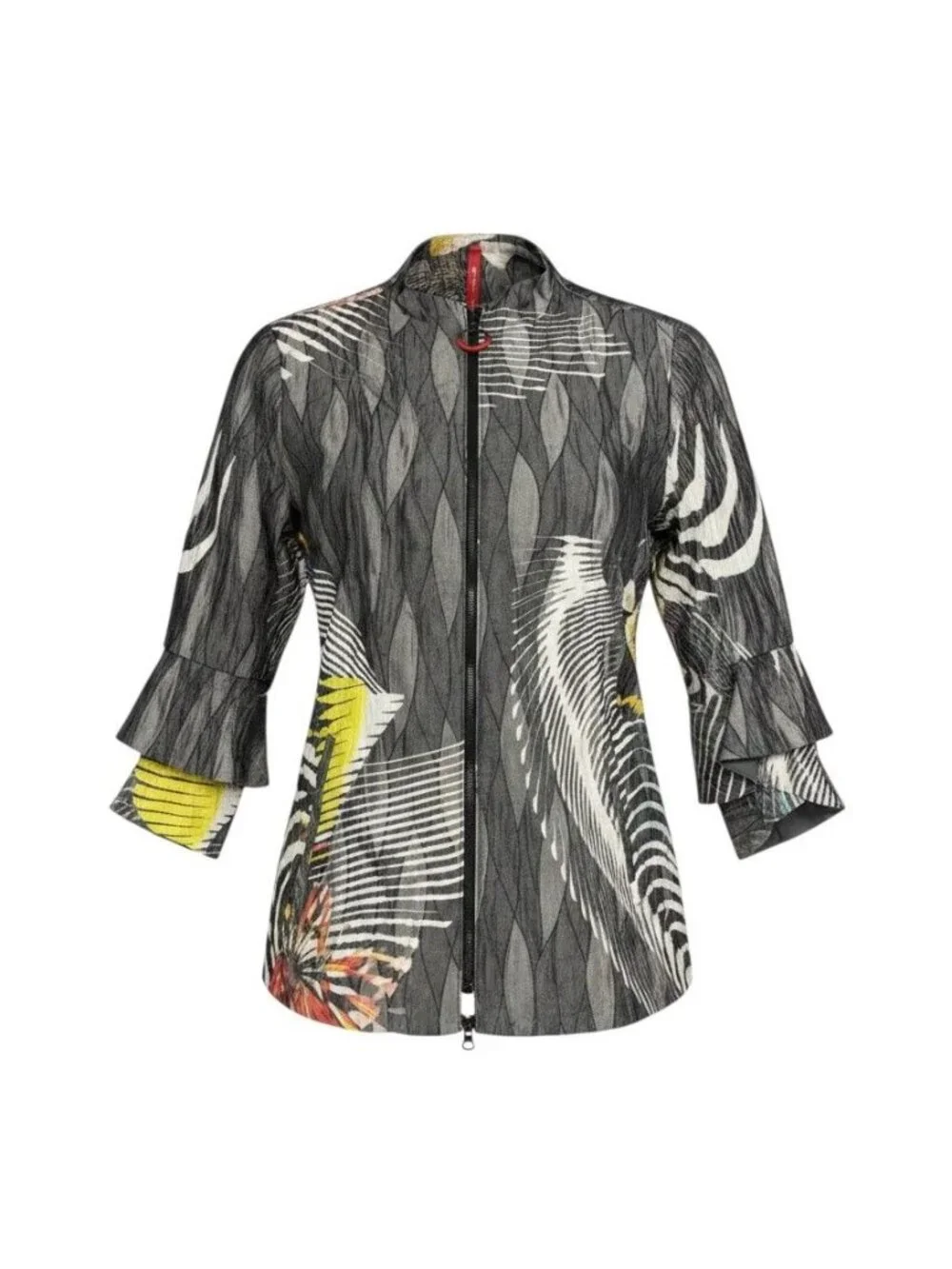 IC Collection Zip-Up Jacket With Ruffled Sleeves - Abstract Print - Womens XL